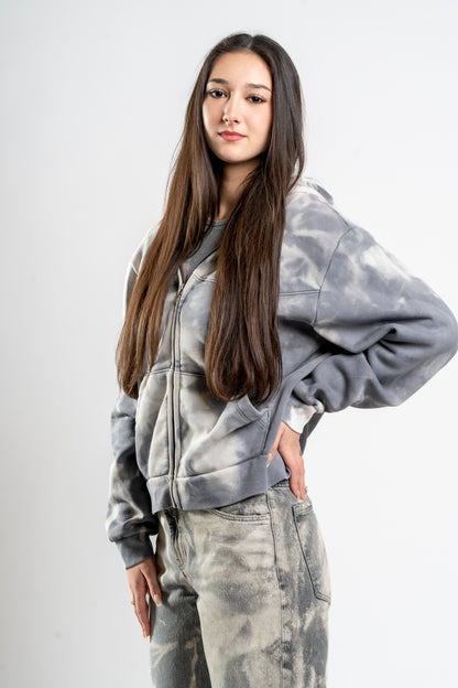BLEACHED GREY ZIPPER HOODIE