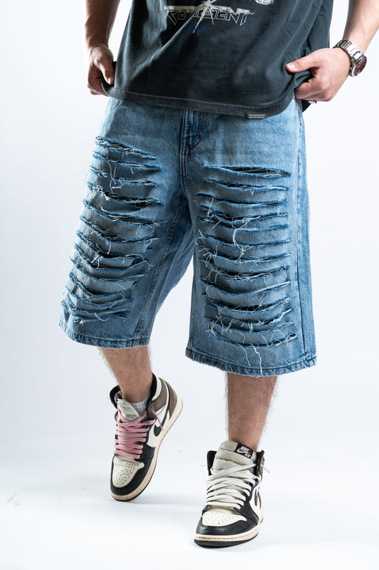 CUSTOM DISTRESSED BLUE SHORTS 1