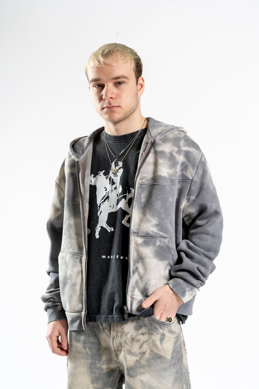 BLEACHED GREY ZIPPER HOODIE