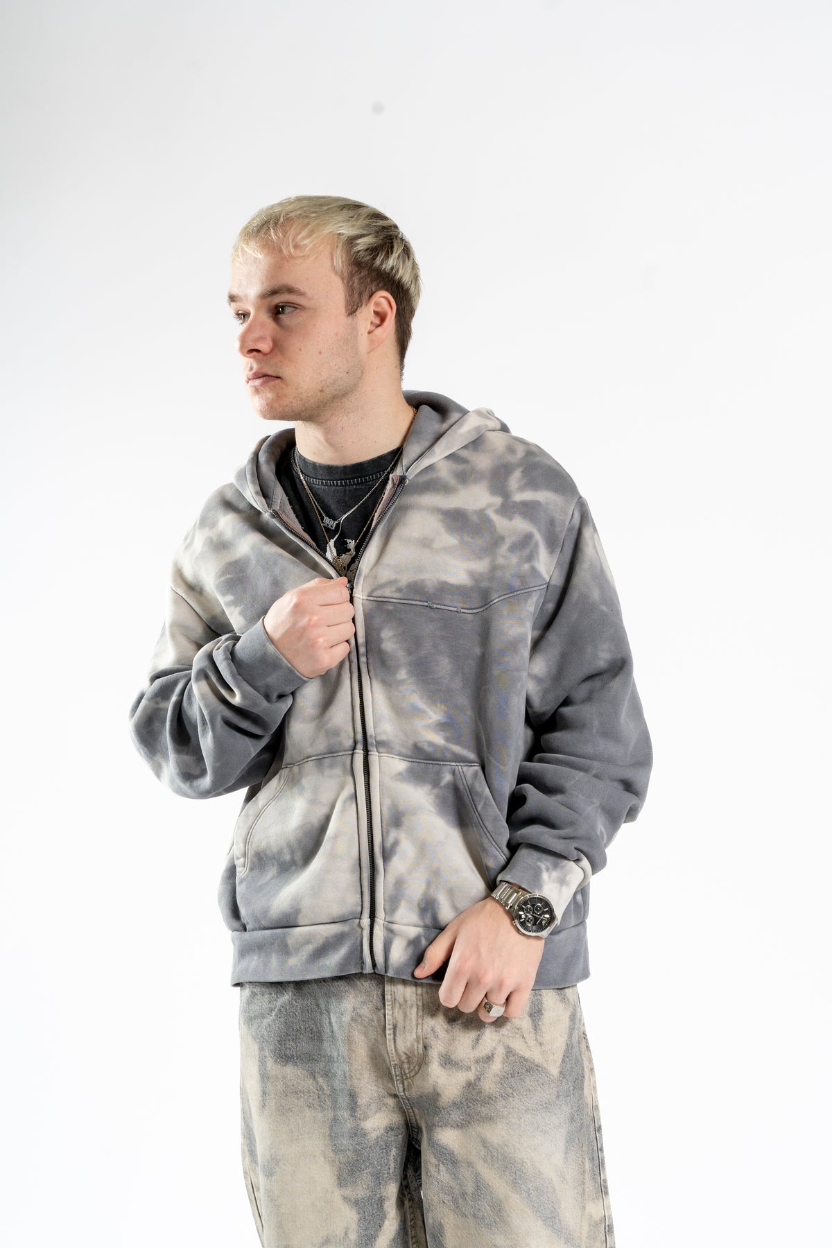 BLEACHED GREY ZIPPER HOODIE